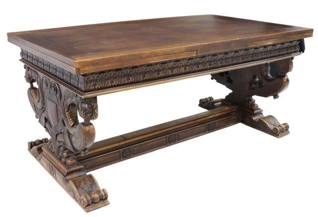 Appraisal: French Renaissance Revival walnut draw-leaf table early th c richly