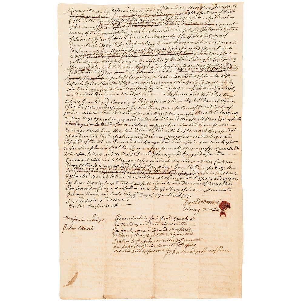 Appraisal: Brigadier General JOHN MEAD of Greenwich Connecticut Signed Land Deed