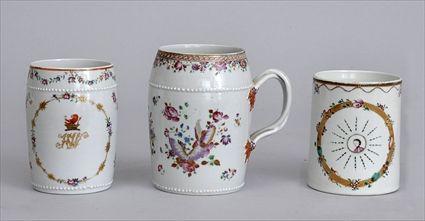 Appraisal: TWO CHINESE EXPORT PORCELAIN FAMILLE ROSE BARREL-FORM MUGS AND A