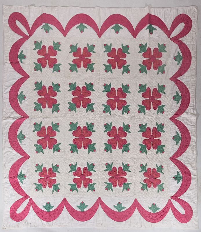 Appraisal: SEMI-ANTIQUE ROSE OF SHARON PATTERN APPLIQUE QUILT Overall pattern of