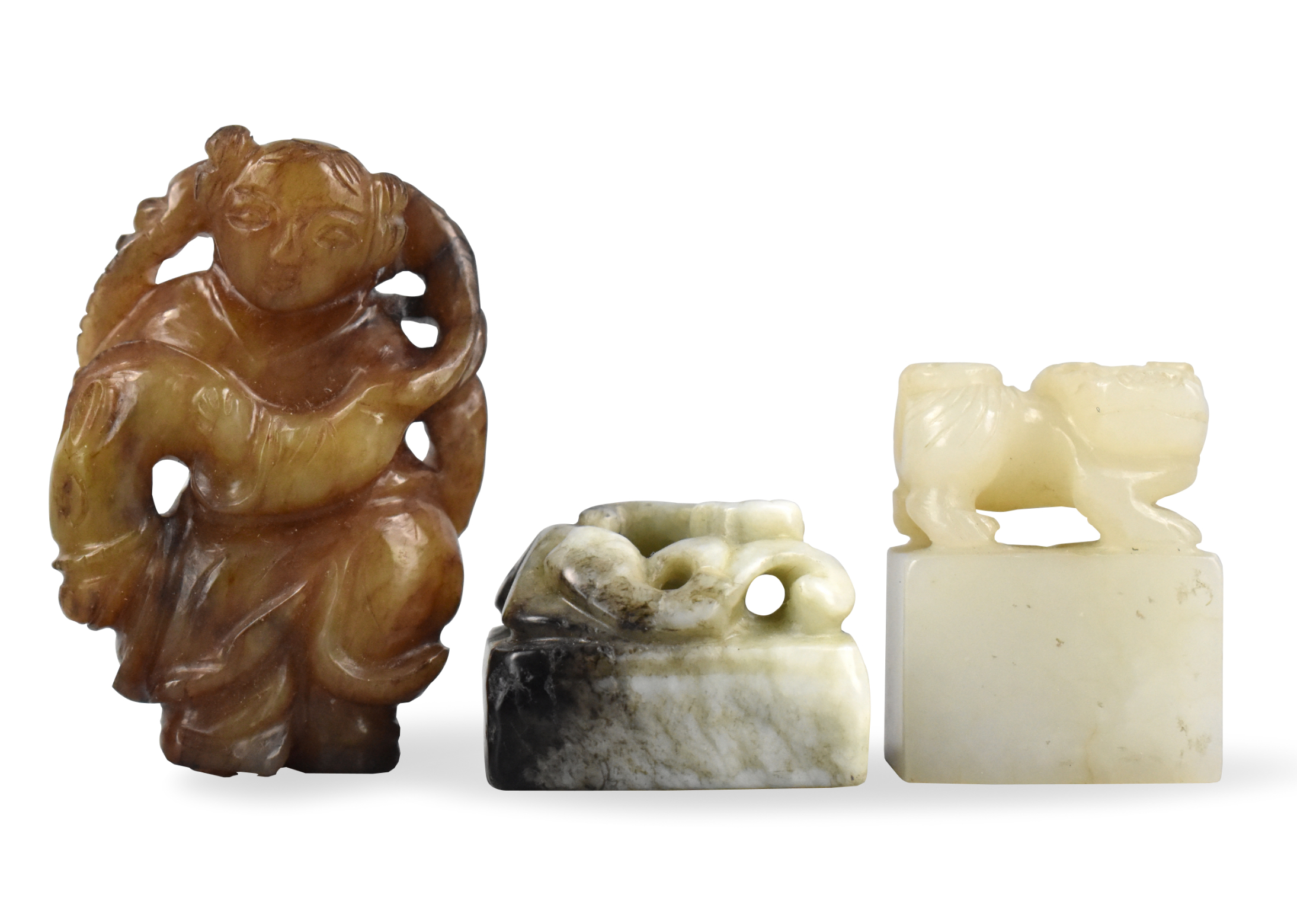 Appraisal: Three Chinese jade carvings two seals and a small figure