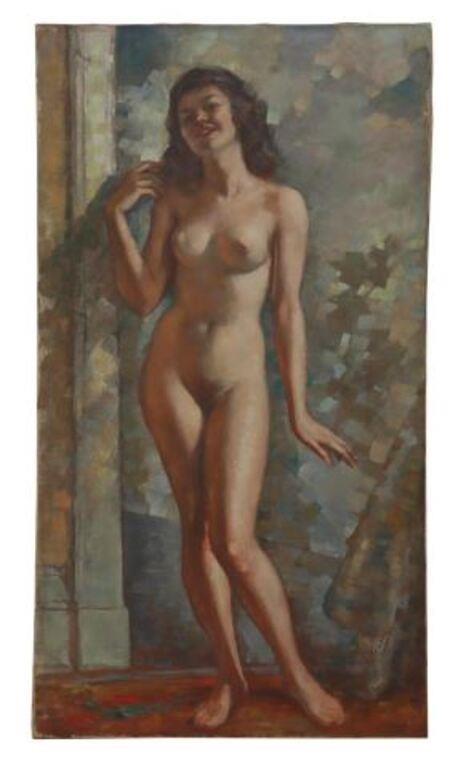 Appraisal: Unframed oil on stretched canvas painting Female Nude signed lower