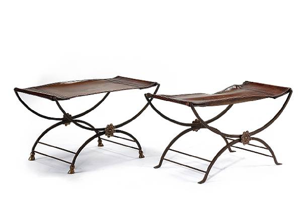 Appraisal: Two Pompeiian style parcel gilt patinated iron and leather benches