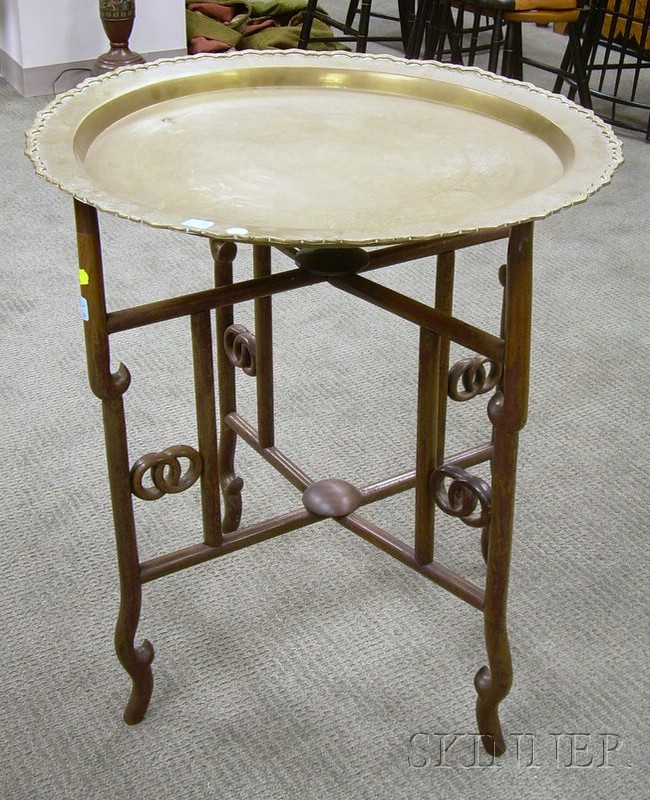 Appraisal: Asian Brass Tray on Bentwood Stand dia in