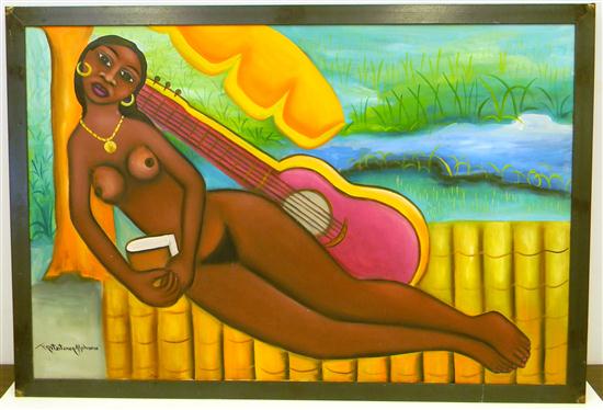 Appraisal: Fritzner Alphonse oil on canvas Nude with Guitar lounging nude