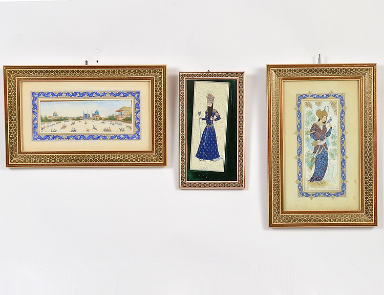 Appraisal: THREE PERSIAN PAINTED BONE MINIATURES th Century Isfahan Purchased Two