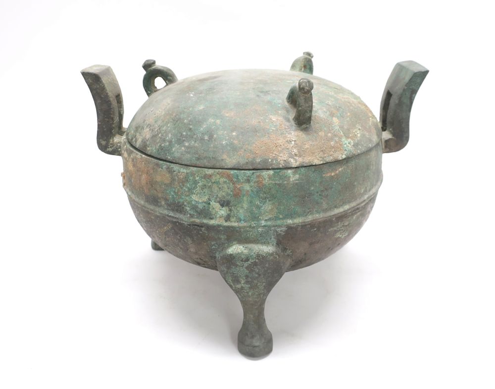 Appraisal: Bronze Han Style Covered Ding Bronze covered ding form in