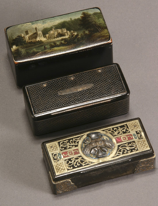 Appraisal: Three Continental Black Lacquered Papier-M ch Tobacco Boxes Circa -