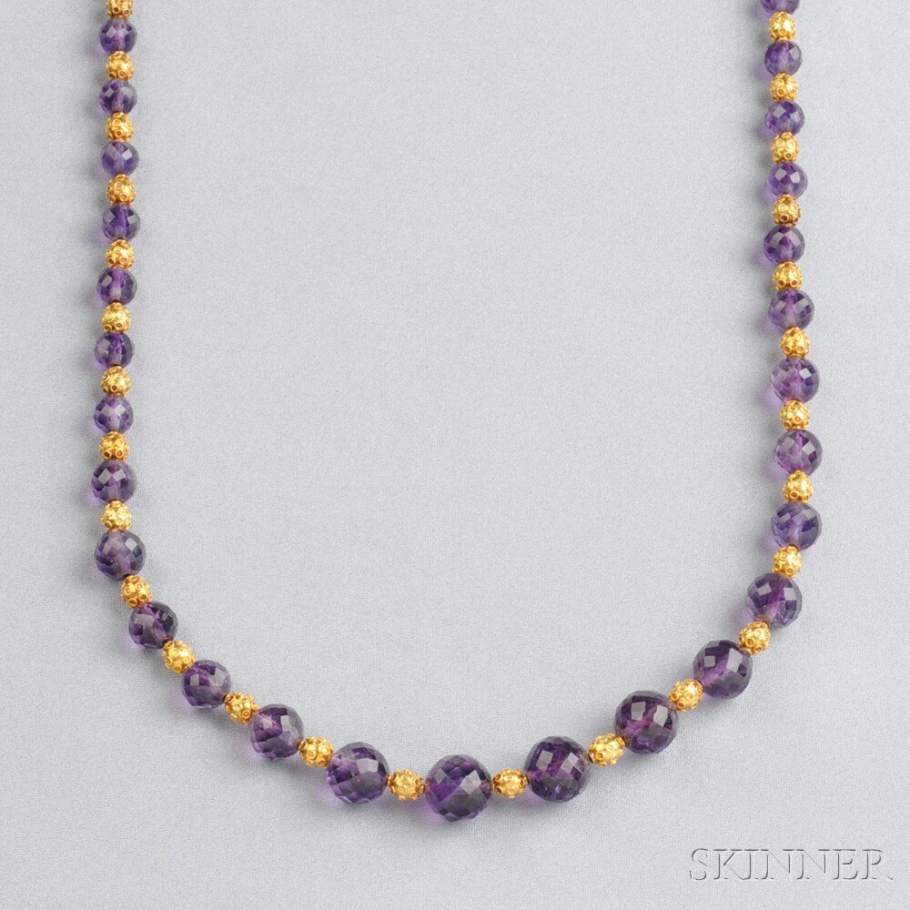 Appraisal: Amethyst and Gold Bead Necklace the faceted amethyst beads graduating