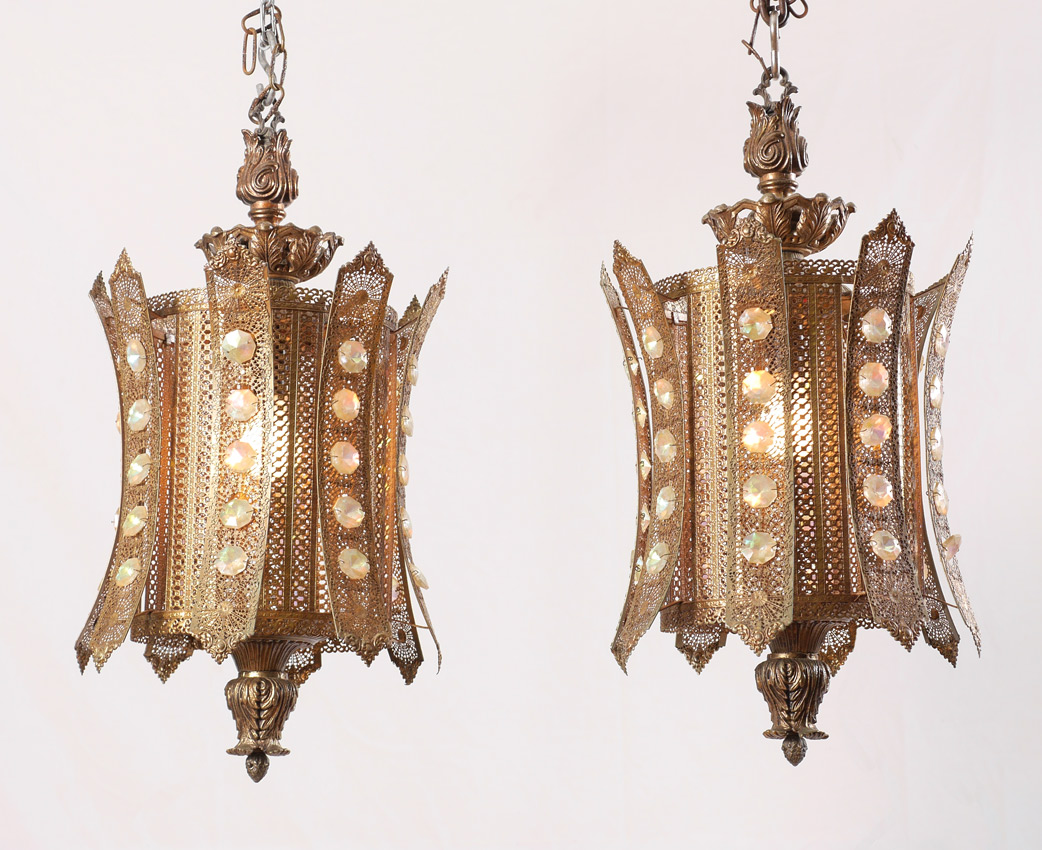 Appraisal: PAIR PIERCED METAL HANGING MOSQUE LIGHTS Pierced gold toned metal