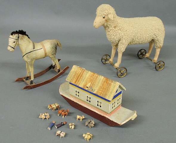 Appraisal: Three German toys- painted wood Noah s Ark with several