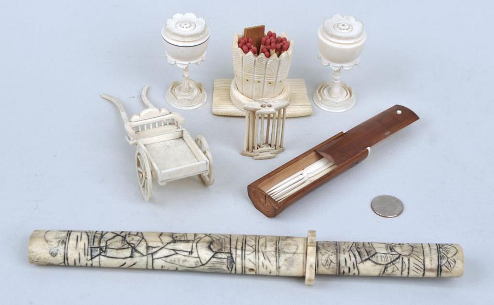 Appraisal: Group Asian Carved Bone Items including tanto cricket cage and