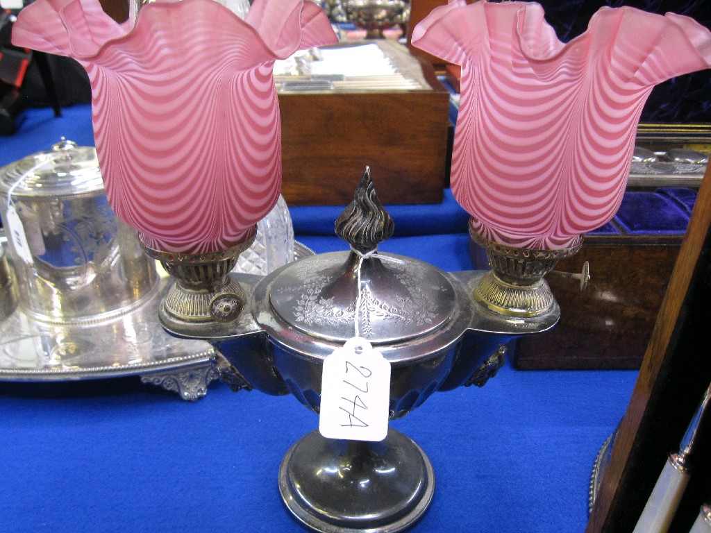 Appraisal: Victorian silver plated double oil lamp with Nailsea glass shades