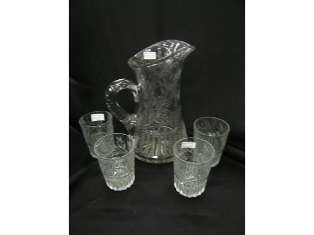 Appraisal: pc Cut Glass Water Set panel floral decor pitcher and