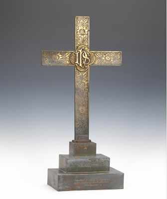 Appraisal: A Large Gilt Metal Cross ca With relief decorations of