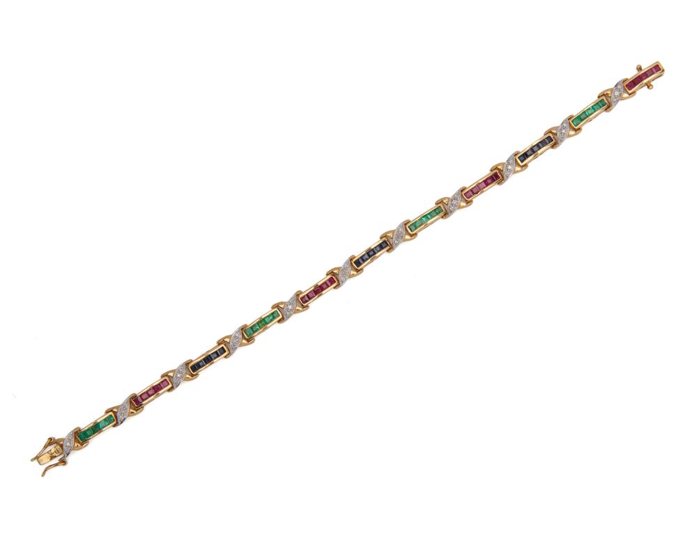 Appraisal: K Gold Ruby Emerald Sapphire and Diamond Bracelet with alternating