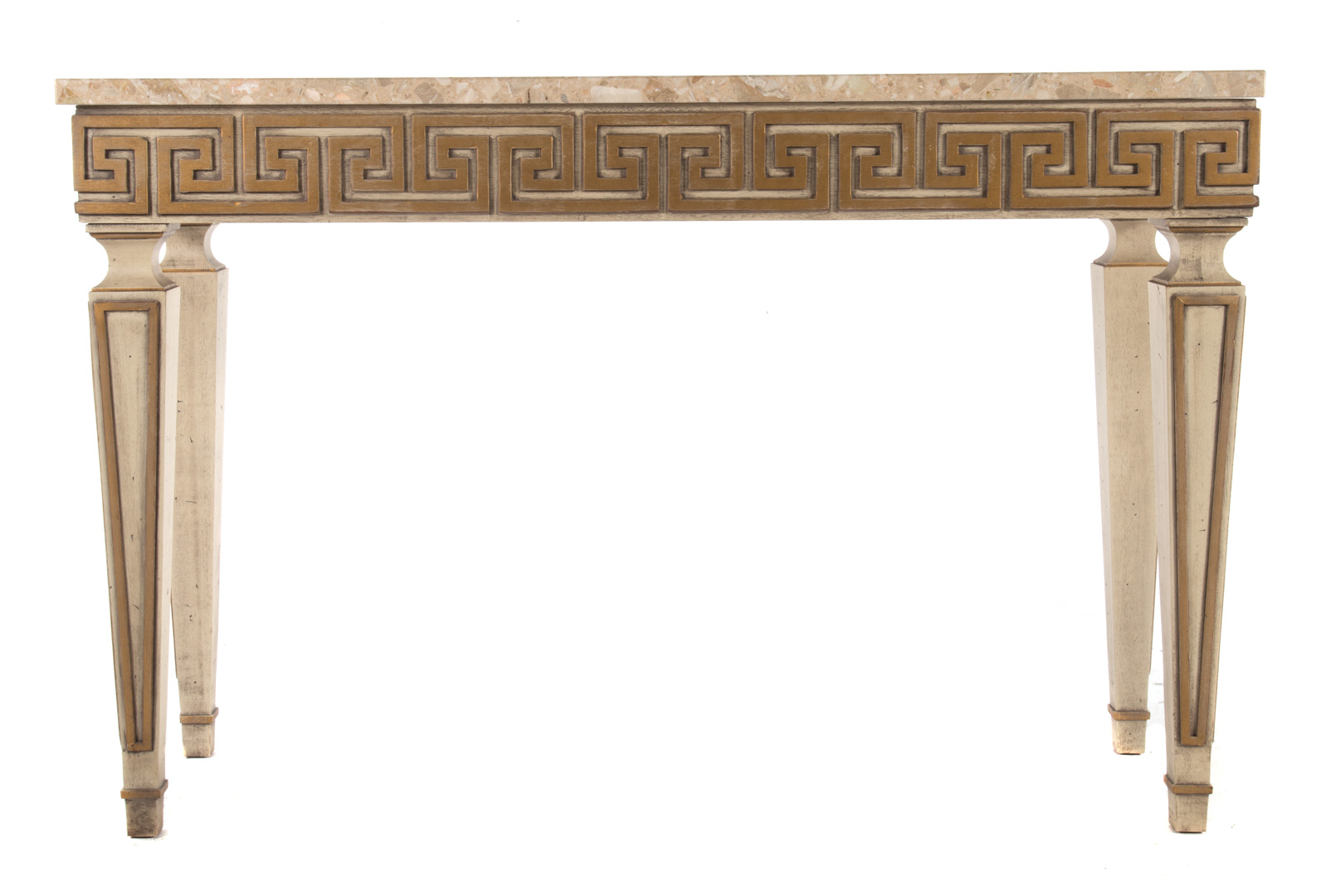 Appraisal: Classical style painted parcel-gilt console table breccia marble top Greek