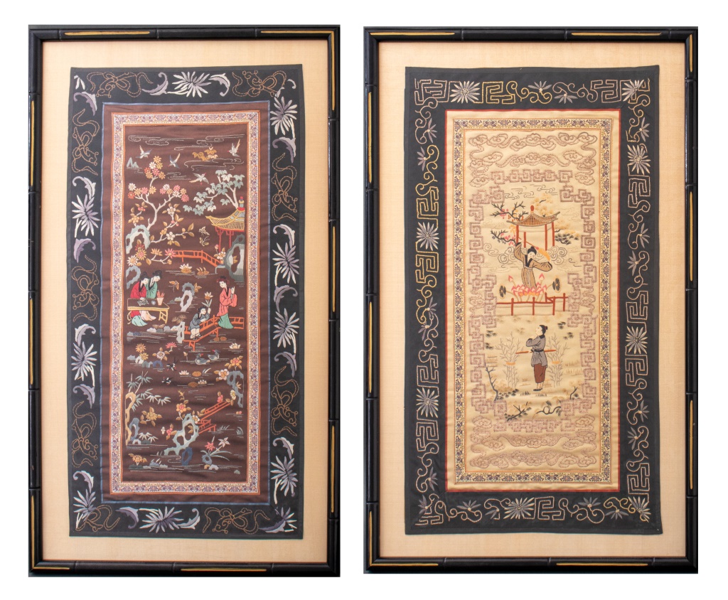 Appraisal: CHINESE EMBROIDERED SILK PANEL WITH COURTING SCENE Chinese silk embroidery