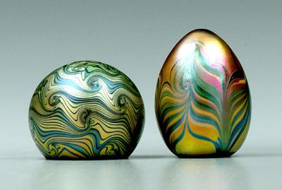 Appraisal: Two Orient Flume paperweights one egg shaped iridescent feather decoration