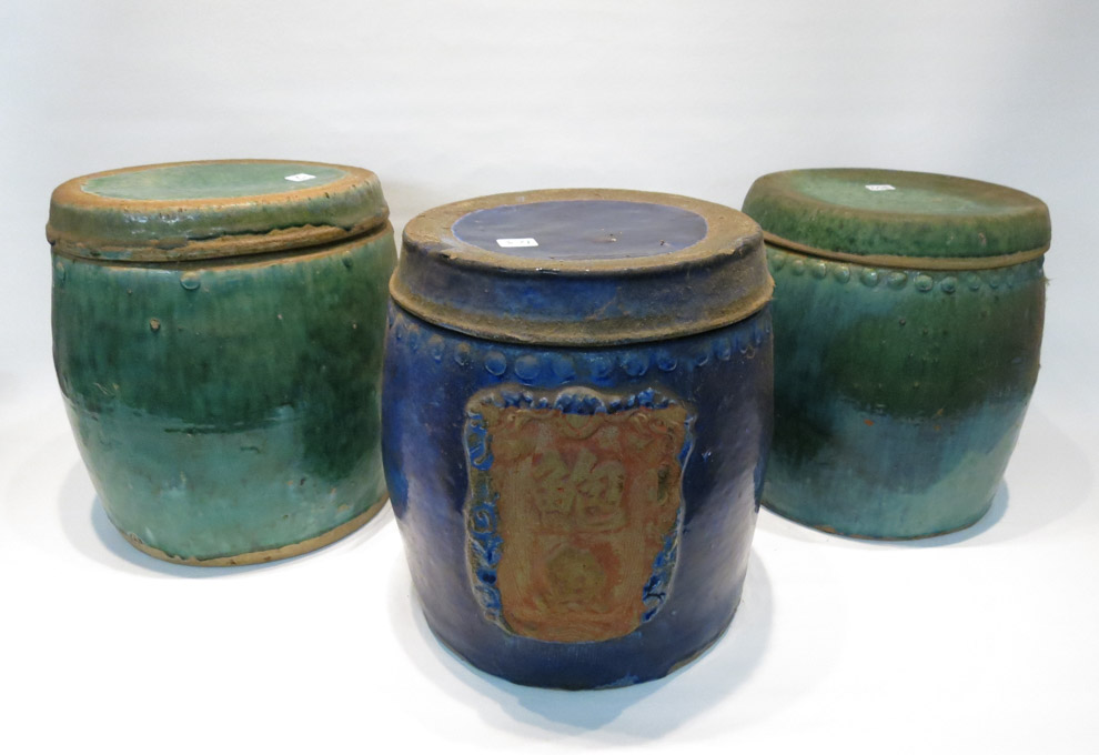 Appraisal: SET OF THREE CHINESE POTTERY FOOD STORAGE JARS two with