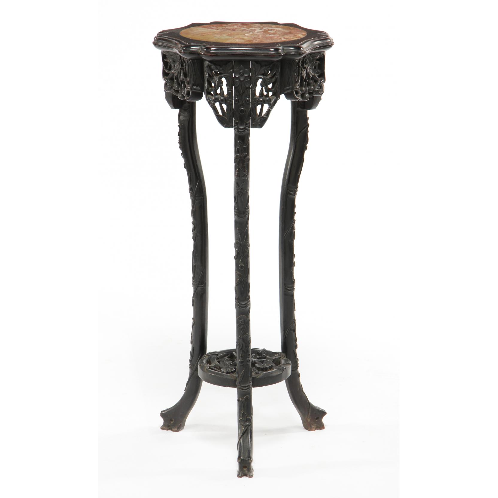 Appraisal: Chinese Carved and Marble Top Tall Stand circa hardwood shaped