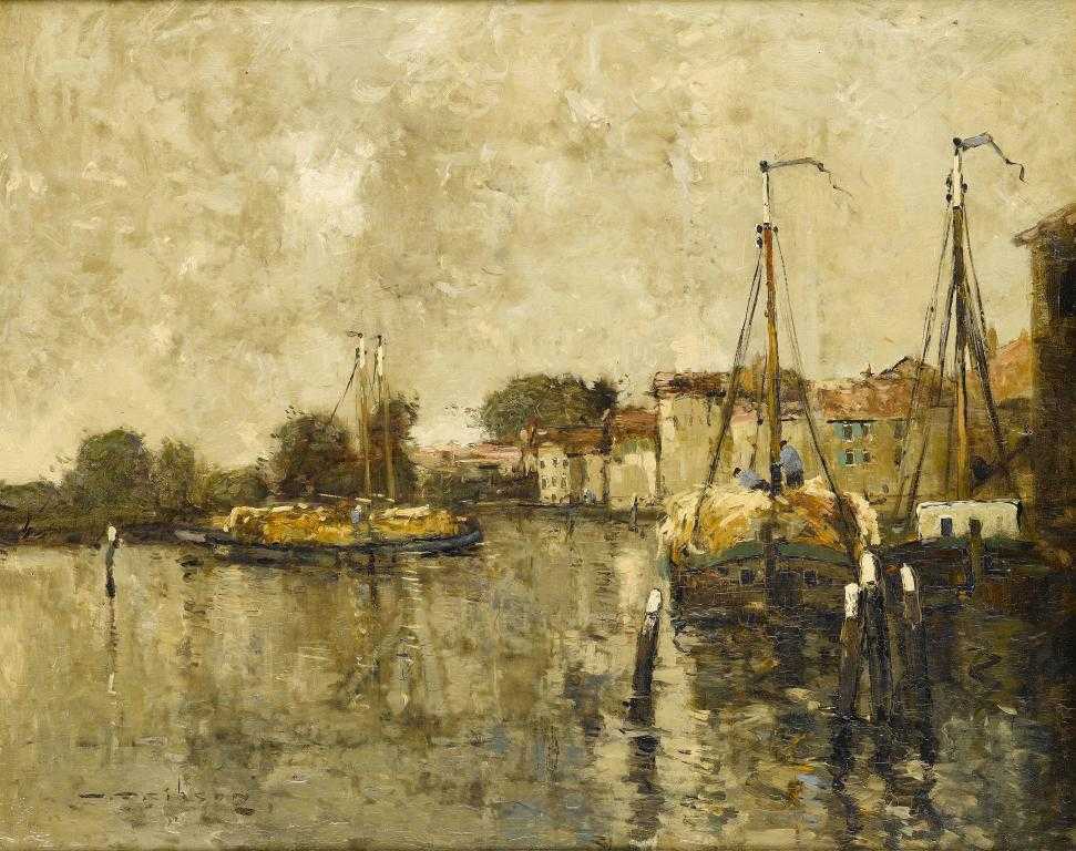 Appraisal: WILLIAM ALFRED GIBSON - HAY BARGES signed panel x cm