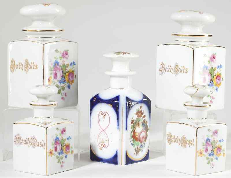 Appraisal: Five Lady's Dresser Bottlesincluding a th century French porcelain bottle