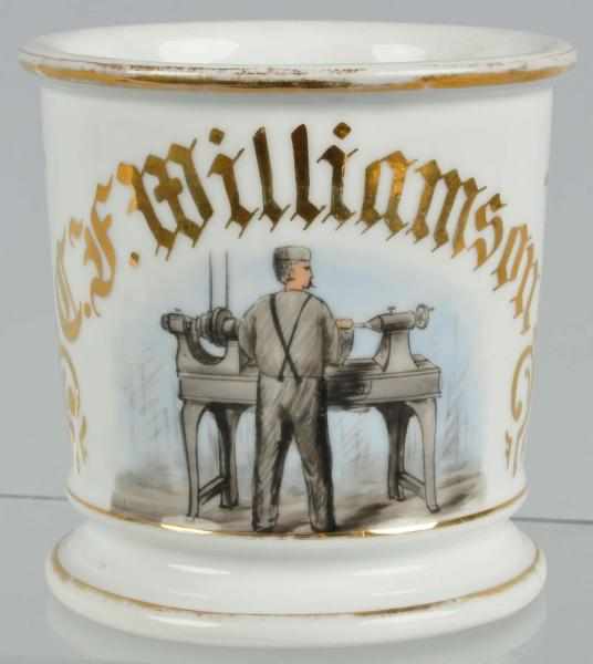 Appraisal: Machinist Shaving Mug Description Great image of man standing at