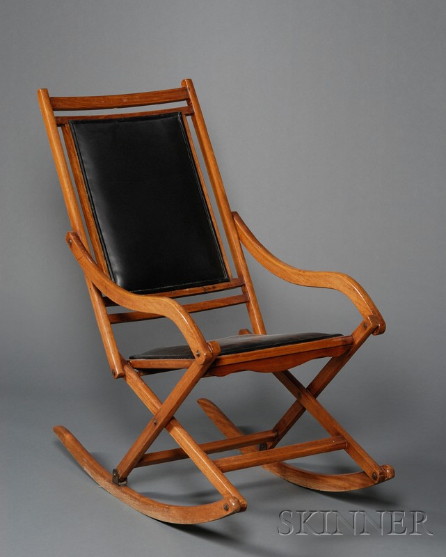 Appraisal: Continental Teak Folding Rocker early th century with black leather