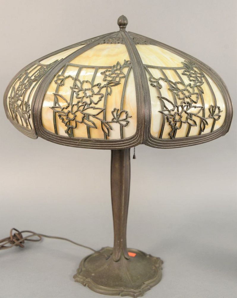 Appraisal: Bradley and Hubbard Victorian panel shade lamps each having an