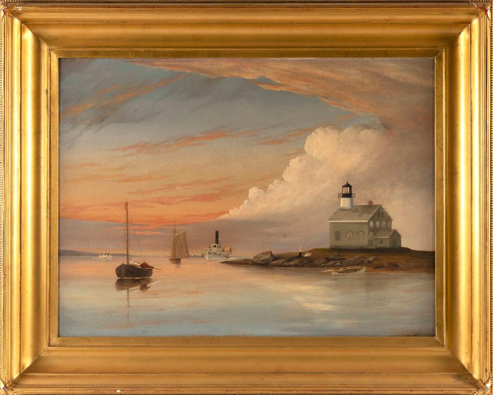 Appraisal: AMERICAN SCHOOL TH CENTURY SUNSET COASTAL SCENE WITH LIGHTHOUSE AND