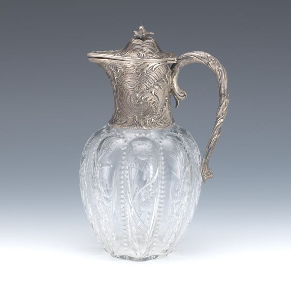 Appraisal: GERMAN SILVER AND GLASS CLARET JUG x Hanau marks to