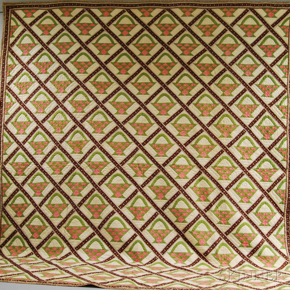 Appraisal: Hand-stitched Pieced Cotton Basket-pattern Quilt th century lg wd in