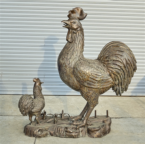 Appraisal: Large bronze rooster with smaller rooster among cornstalks x x