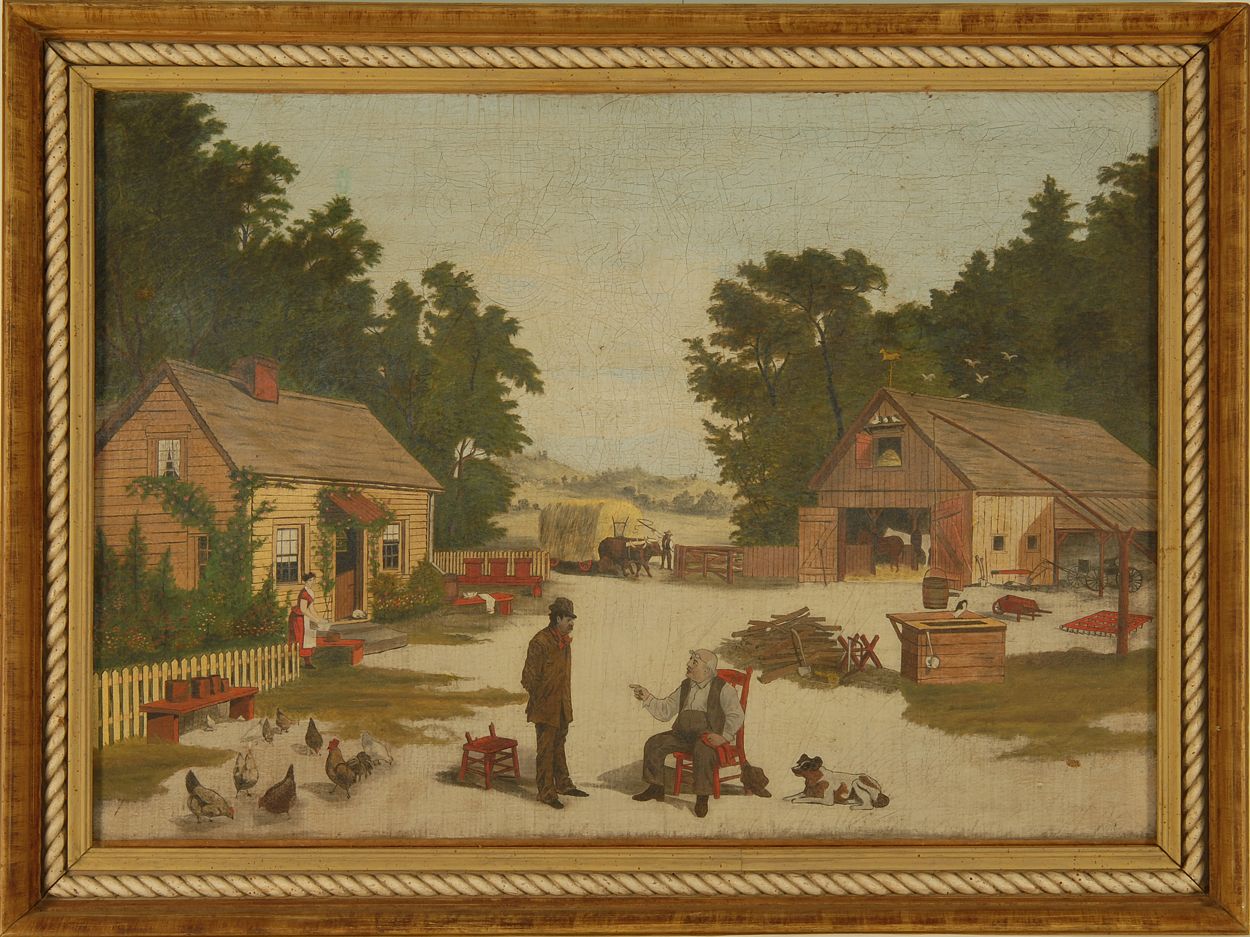 Appraisal: FRAMED PAINTING Late th CenturyPrimitive farm scene Unsigned Oil on