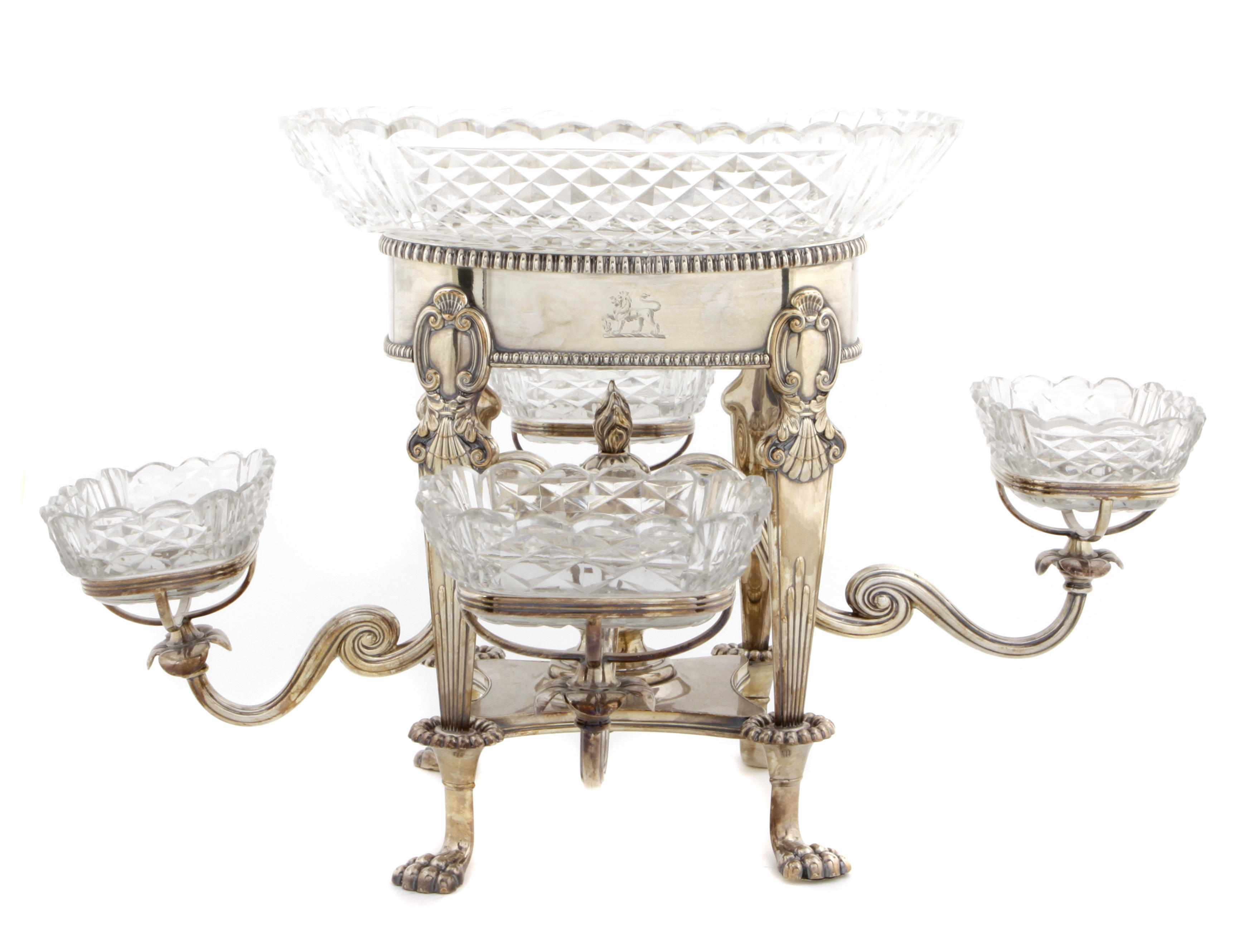 Appraisal: An Old Sheffield plate and cut-glass four arm epergne Probably