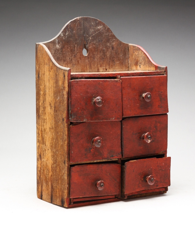 Appraisal: AMERICAN HANGING SPICE CABINET Late th century Layers of red