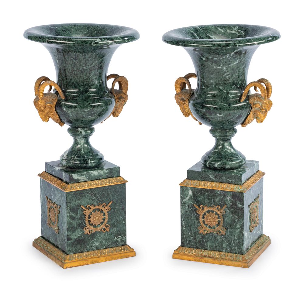 Appraisal: A Pair of Empire Style Gilt Metal Mounted Marble Urns