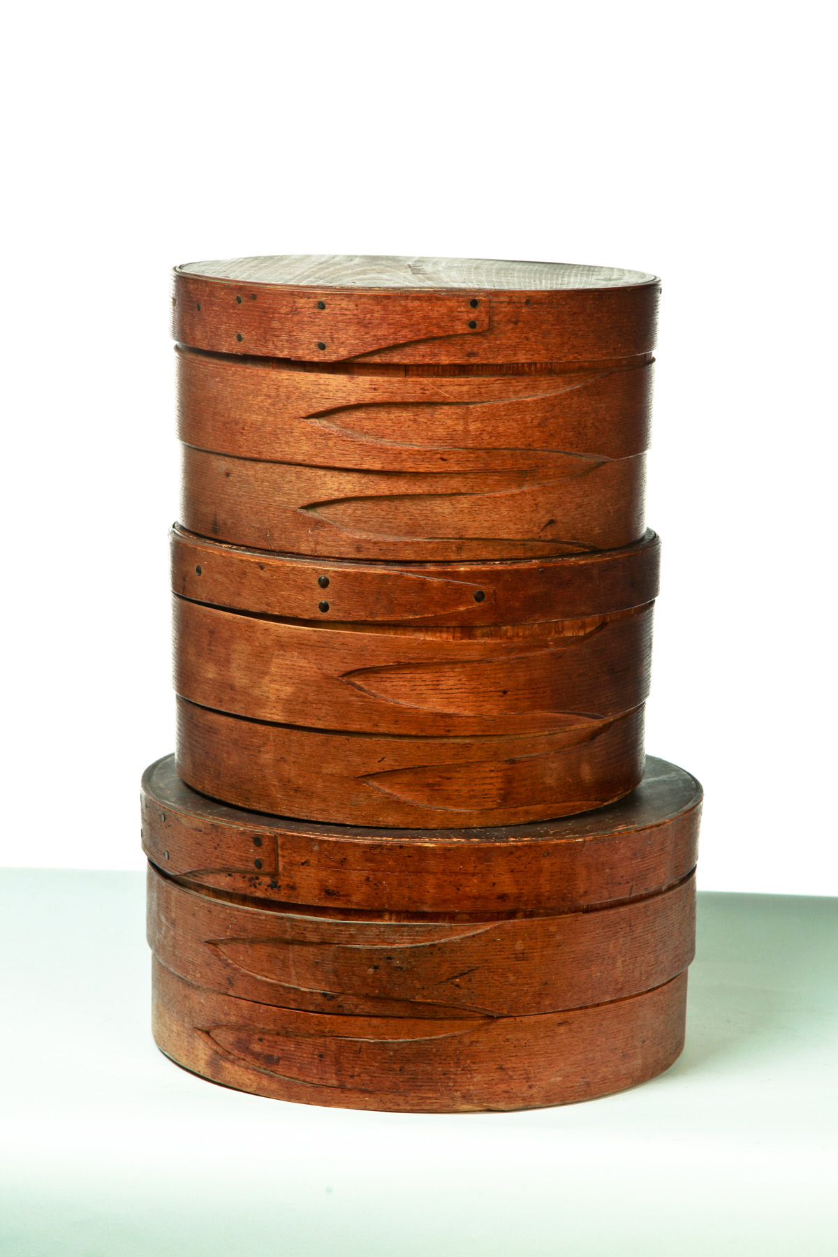 Appraisal: THREE AMERICAN PANTRY BOXES Nineteenth century Round bentwood boxes with