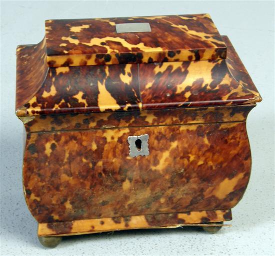 Appraisal: th century tortoiseshell tea caddy of sarcophagus form with two