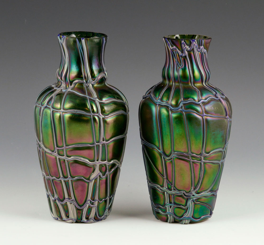 Appraisal: - Pair Loetz-type Vases Pair of Loetz-type vases h Provenance