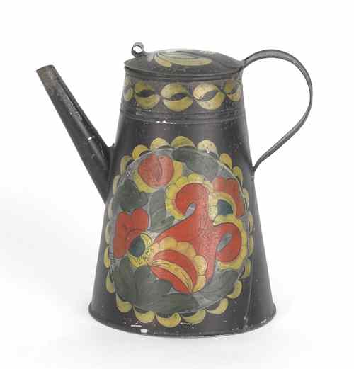 Appraisal: Pennsylvania tole decorated tin coffee pot th c with vibrant