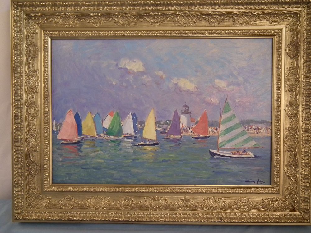 Appraisal: VAN DER PLAS YACHTS PAINTING Colorful contemporary oil painting on