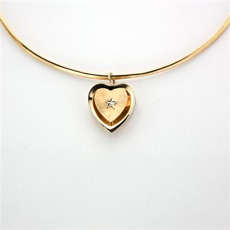 Appraisal: Gold Wire Choker Necklace with Gold and Diamond Heart Pendant