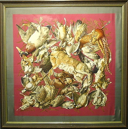 Appraisal: - Framed Hermes scarf with colorful game animals scarlet field