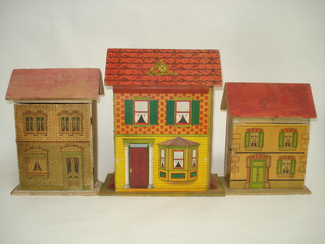 Appraisal: Five various miniature paper lithographed doll houses Including red brick