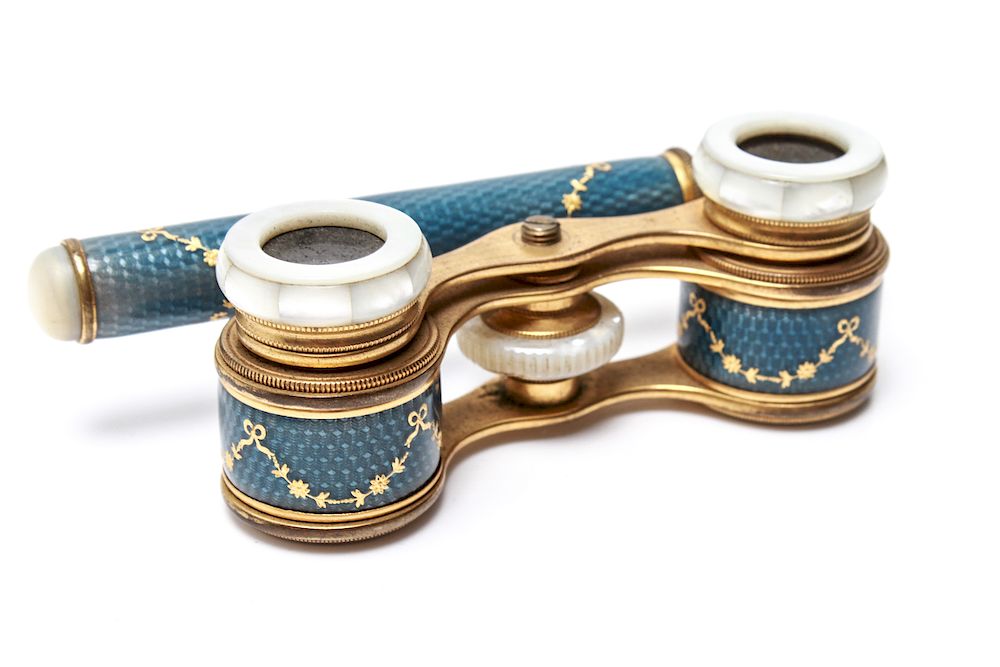 Appraisal: French Guilloche Enamel MOP Opera Glasses French opera glasses brass