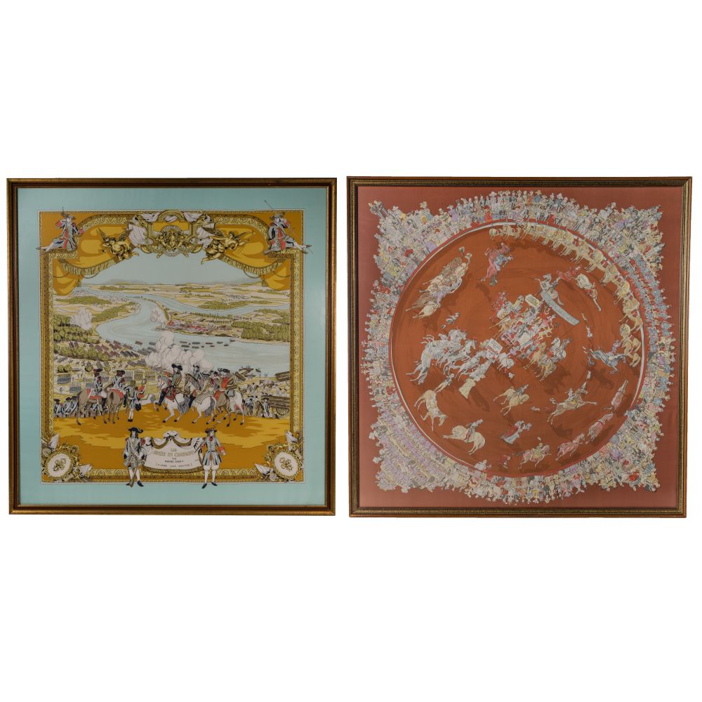 Appraisal: HERMES FRAMED SILK SCARVES items including Cirque Molier and Les