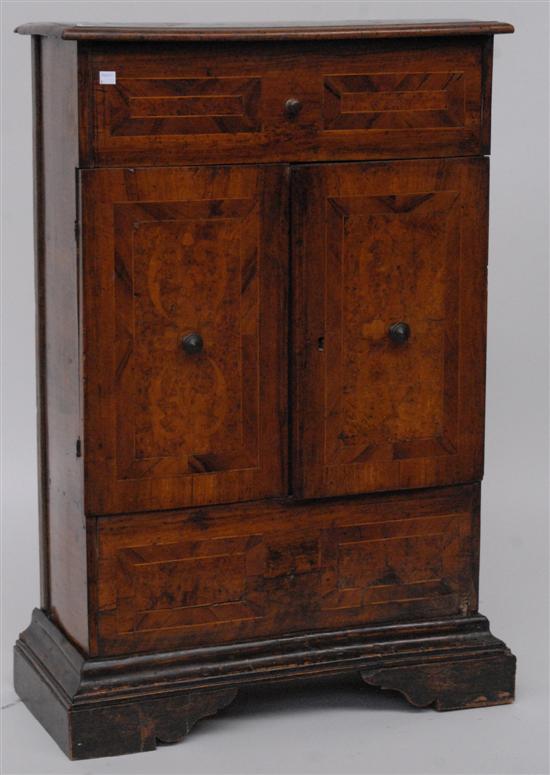 Appraisal: TH C CONTINENTAL DIMINUTIVE CABINET Walnut with burled marquetry panels