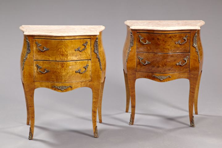 Appraisal: Pair of Louis XV-Style Brass-Mounted Burl Elm and Marble-Top Commodes